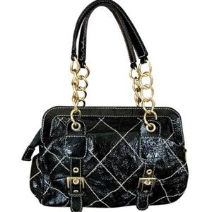 BERGE BLACK PATENT LEATHER QUILTED BAG WITH GOLD TONE CHAIN STRAPS